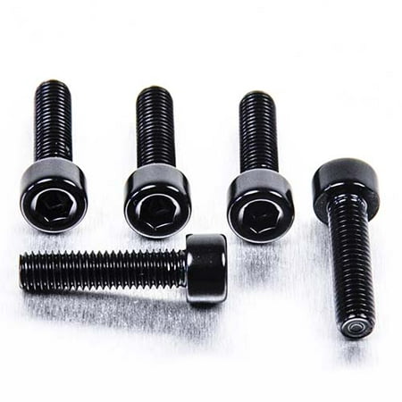 Black alloy parallel Allen head bolts in a pack of five, featuring a hexagonal socket, measuring M5 x 0.80mm x 20mm, with a sleek finish.