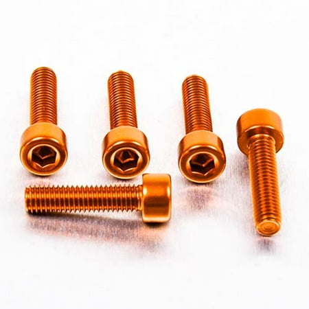 Five orange alloy bolts with parallel Allen heads, measuring M5 x 0.80mm x 20mm, showcasing a shiny finish and hexagonal sockets for tool insertion.