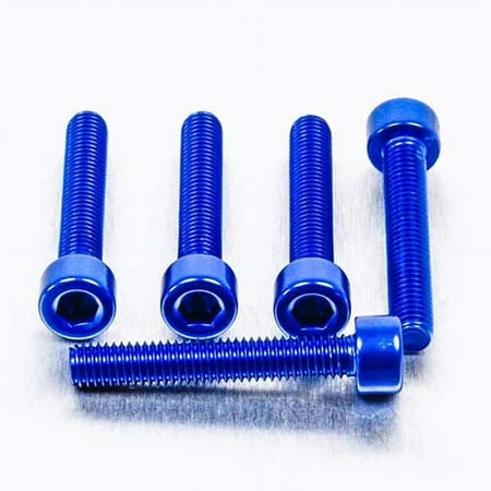 Five blue alloy parallel Allen head bolts, each measuring M5 x 0.80mm x 30mm, showcasing a shiny finish and hexagonal socket for easy installation.