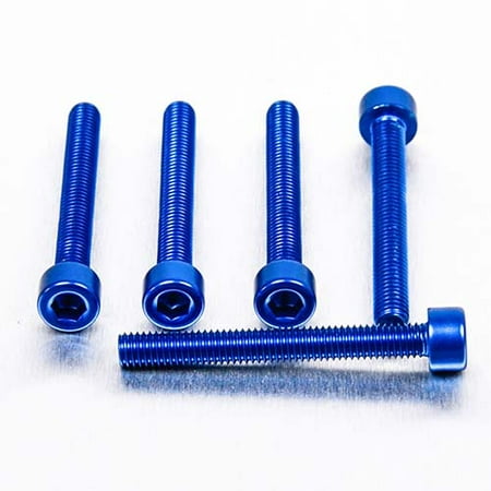 Five blue alloy parallel Allen head bolts, each measuring M5 X 0.80mm X 40mm, featuring a shiny finish and hexagonal recess for easy installation.