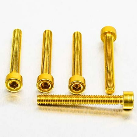Five gold alloy parallel Allen head bolts, each measuring M5 x 0.80mm x 40mm, showcasing a shiny finish and hexagonal socket for easy installation.