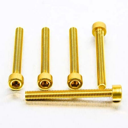 Five gold alloy parallel Allen head bolts, each measuring M5 X 0.80mm X 45mm, showcasing a shiny finish and hexagonal socket design.