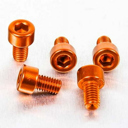 Five orange alloy parallel Allen head bolts, each measuring M5 X 0.80mm X 8mm, showcasing a shiny finish and hexagonal recess for easy installation.