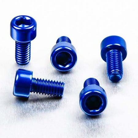 Five blue alloy parallel Allen head bolts, M6 x 1.00mm x 10mm, showcasing a shiny finish and hexagonal socket design for easy installation.