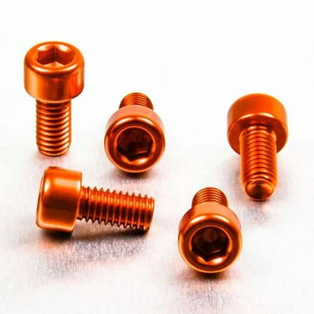 Five orange alloy parallel Allen head bolts, each measuring M6 X 1.00mm X 10mm, showcasing a shiny finish and hexagonal socket for easy installation.