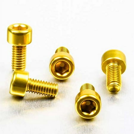 Five gold alloy parallel Allen head bolts, each with a hexagonal socket, measuring M6 X 1.00mm X 12mm, showcasing a shiny finish and durable design.