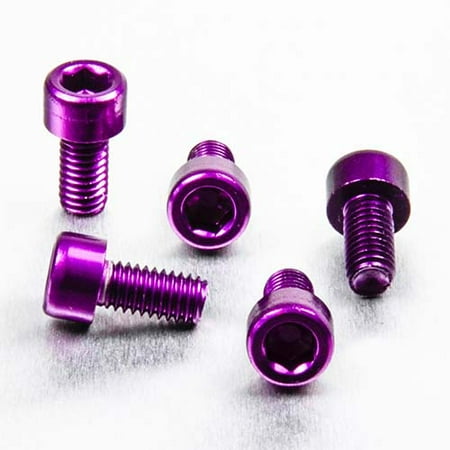 Five purple alloy bolts with parallel Allen heads, measuring M6 x 1.00mm x 12mm, showcasing a shiny finish and hexagonal socket for easy installation.