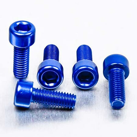 Five blue alloy parallel Allen head bolts, each measuring M6 X 1.00mm X 16mm, showcasing a shiny finish and hexagonal socket for easy installation.