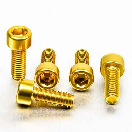 Five gold alloy parallel Allen head bolts, M6 x 1.00mm x 16mm, showcasing a shiny finish and hexagonal socket for easy installation.