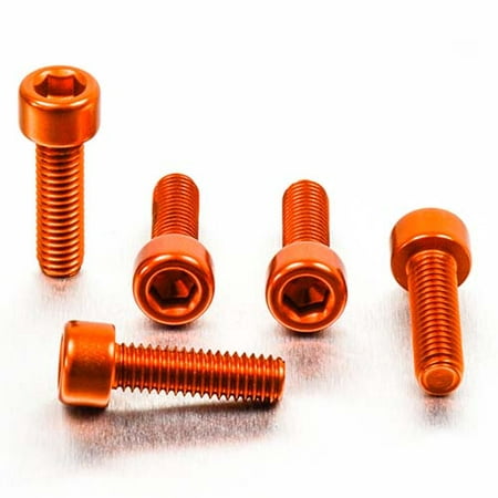 Five orange alloy parallel Allen head bolts, each measuring M6 x 1.00mm x 20mm, showcasing a shiny finish and hexagonal socket for easy installation.
