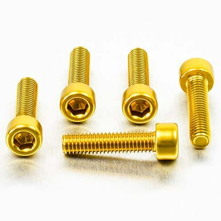 Five gold alloy parallel Allen head bolts, M6 x 1.00mm x 25mm, featuring a hexagonal socket and a shiny finish, arranged on a light background.