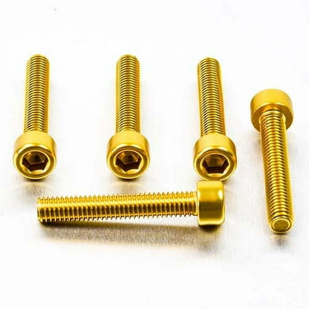 Five gold alloy parallel Allen head bolts, each measuring M6 x 1.00mm x 30mm, showcasing a shiny finish and hexagonal socket for easy installation.