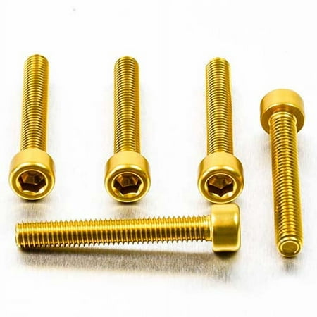 Five gold alloy parallel Allen head bolts, measuring M6 x 1.00mm x 45mm, showcasing a shiny finish and hexagonal recess for easy installation.
