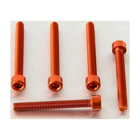 Five orange alloy parallel Allen head bolts, measuring M6 X 1.00mm X 50mm, showcasing a shiny finish and hexagonal sockets for easy installation.