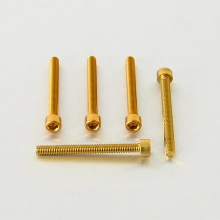 Five gold alloy parallel Allen head bolts, each measuring M6 x 1.00mm x 60mm, showcasing a shiny finish and hexagonal socket for easy installation.