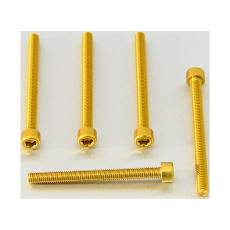 Five gold alloy parallel Allen head bolts, each measuring M6 X 1.00mm X 65mm, showcasing a shiny finish and hexagonal socket heads for easy installation.