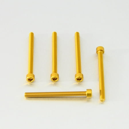 Five gold alloy bolts with parallel Allen heads, each measuring M6 X 1.00mm X 70mm, showcasing a shiny finish and precision threading.