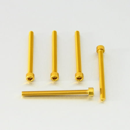 Five gold alloy bolts with parallel Allen heads, measuring M6 x 1.00mm x 75mm, showcasing a shiny finish and precise threading for secure fastening.