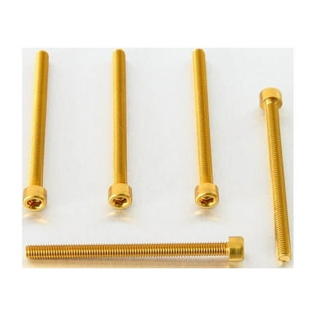 Five gold alloy parallel Allen head bolts, each measuring M6 x 1.00mm x 80mm, showcasing a shiny finish and hexagonal socket for tool engagement.