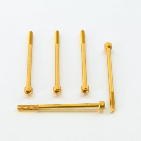 Five gold alloy parallel Allen head bolts, each measuring M6 x 1.00mm x 95mm, showcasing a shiny finish and precise threading for secure fastening.