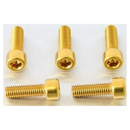 Five gold alloy parallel Allen head bolts, M8 x 1.25mm x 25mm, showcasing a shiny finish and hexagonal drive for easy installation.