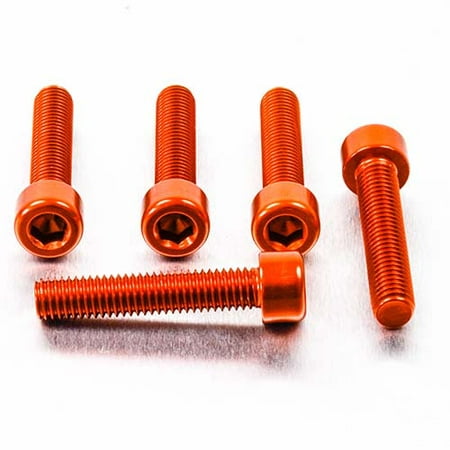 Five orange alloy bolts with parallel threads and Allen heads, measuring M8 x 1.25mm x 35mm, showcasing a sleek finish and durable design.