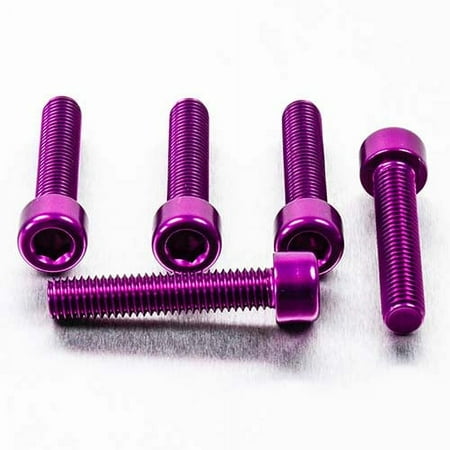Five purple alloy bolts with parallel Allen heads, measuring M8 x 1.25mm x 35mm, showcasing a shiny finish and detailed threading.