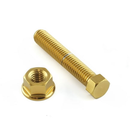 Gold stainless steel axle adjuster bolt kit featuring a long, threaded bolt and a matching hex nut, both with a shiny finish for durability and style.