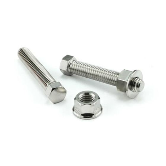 Pro-Bolt stainless steel axle adjuster bolt kit featuring two silver bolts with hex heads and a matching nut, showcasing a sleek, durable finish.