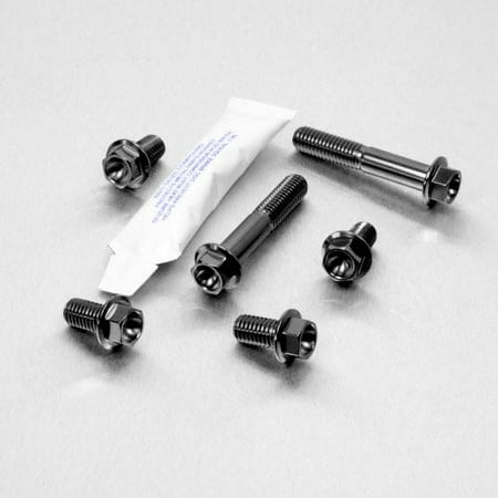 Pro-Bolt Stainless Steel Crash Bar Mount Bolt Kit featuring black bolts, hex heads, and a tube of adhesive, all set against a light gray background.
