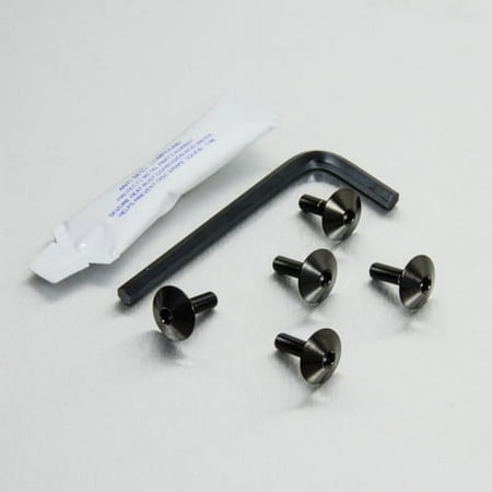 Pro-Bolt Stainless Steel Exhaust Heat Shield Mount Bolt Kit in black, featuring five black bolts with flanged heads, an Allen wrench, and a small packet of adhesive.