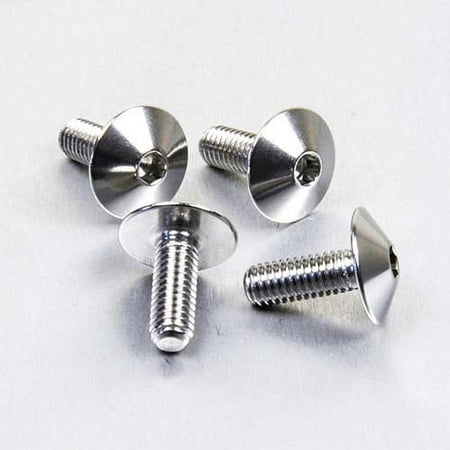 Four stainless steel exhaust heat shield mount bolts in silver, featuring a flat, round head and threaded shaft, designed for durability and corrosion resistance.