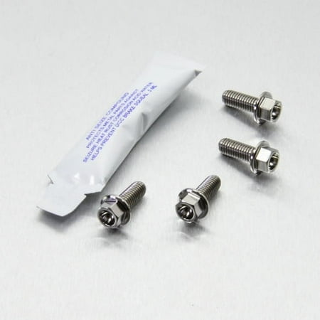 Pro-Bolt stainless steel footrest heel plate bolt kit in silver, featuring four shiny bolts with hexagonal heads and a small packet of thread locker.