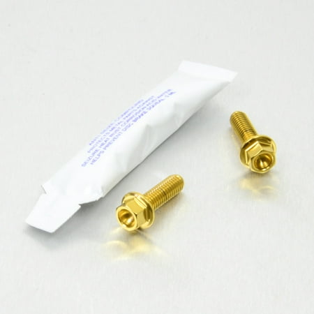 Gold stainless steel hose clip mount bolts with hex heads, accompanied by a small packet of adhesive, set against a light gray background.