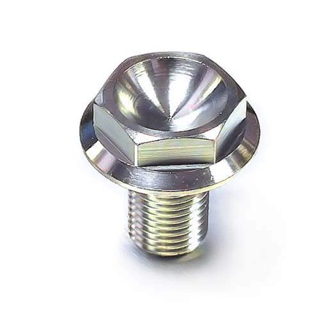 Stainless steel M14x1.5mm front spindle bolt with a hexagonal head and a polished finish, featuring a conical top and threaded shaft for secure fastening.