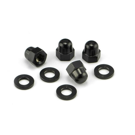 Pro-Bolt stainless steel mirror mount nuts in black, featuring a rounded top design, hexagonal shape, and accompanying black washers, ideal for motorcycle or automotive use.
