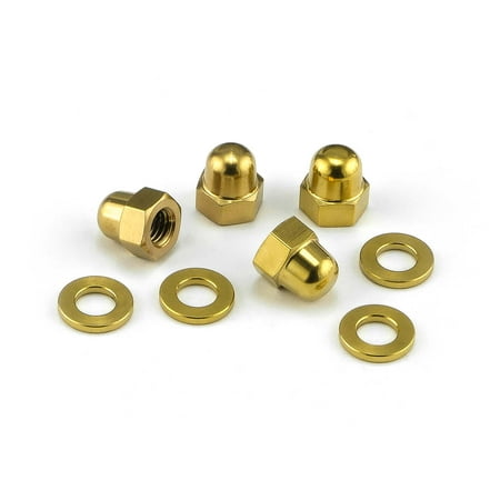 Pro-Bolt stainless steel mirror mount nuts in gold, featuring a rounded top design, accompanied by flat gold washers, all exhibiting a shiny finish.