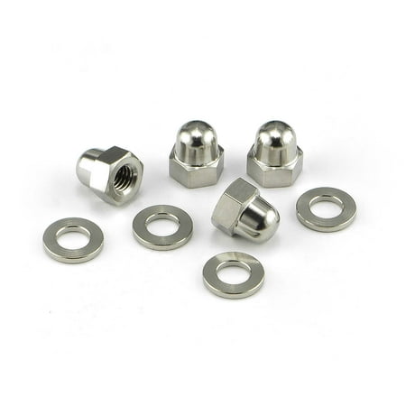 Pro-Bolt stainless steel mirror mount nuts in silver, featuring rounded domes and hexagonal shapes, accompanied by flat washers, all showcasing a polished finish.