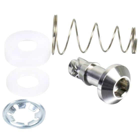 Stainless steel quick release Allen key fastener in silver, featuring a spiral spring, two white washers, and a circular metal plate.