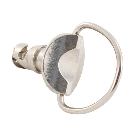 Stainless steel quick release D-ring fastener with a polished finish, featuring a 14mm diameter and a circular ring for easy attachment.