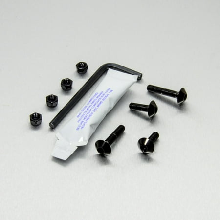 Pro-Bolt Stainless Steel Screen Bolt Kit featuring black bolts, an L-shaped hex key, and a small packet of adhesive, all arranged on a light gray surface.