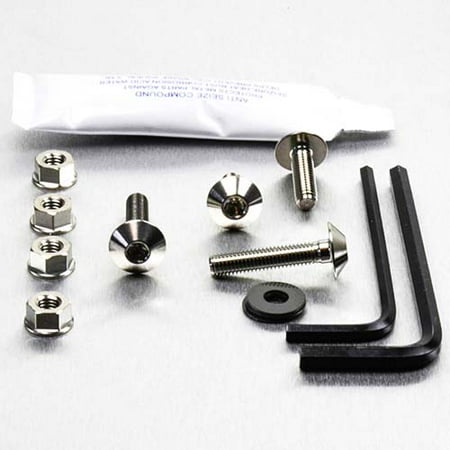 Pro-Bolt Stainless Steel Screen Bolt Kit in silver, featuring bolts, nuts, washers, and hex keys, all with a polished finish and accompanied by a small tube of thread locking compound.