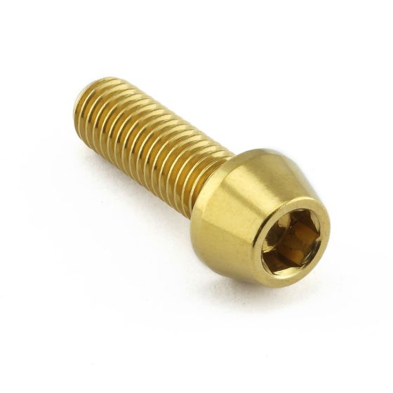 Gold stainless steel swingarm nut cover bolt with a hexagonal socket head and finely threaded shaft, designed for durability and aesthetic appeal.