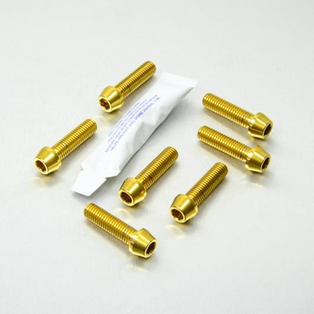 Pro-Bolt Stainless Steel Top & Bottom Clamp Yoke Pinch Bolt Kit featuring eight gold bolts with hexagonal heads and a small tube of thread-locking adhesive.