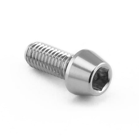 Tapered stainless steel Allen head bolt, M5 size, 0.80mm thread pitch, 12mm length, featuring a shiny finish and hexagonal socket for tool insertion.