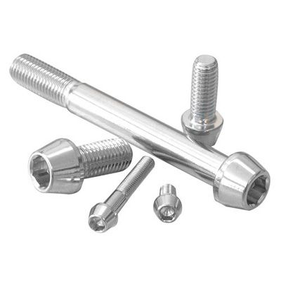 Tapered Allen head stainless steel bolts in silver, featuring various lengths and sizes, designed for M6 x 1.00mm applications, showcasing a sleek, polished finish.