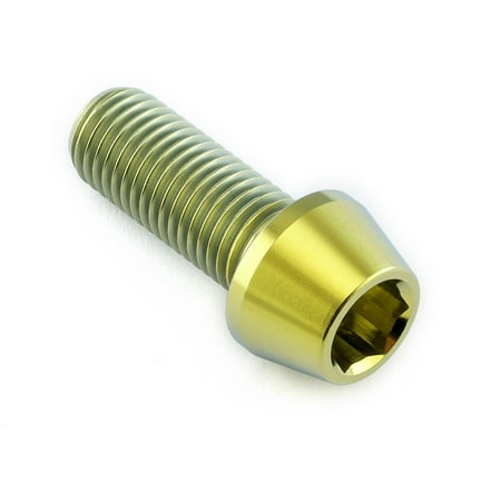 Gold tapered Allen head titanium bolt, M10 size with a thread pitch of 1.25mm and length of 25mm, showcasing a shiny, polished finish and hexagonal socket for tool insertion.