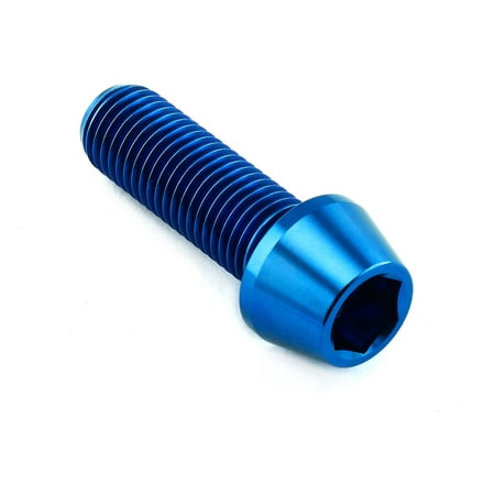 Blue tapered Allen head titanium bolt, measuring M10 x 1.25mm x 30mm, featuring a shiny finish and distinct threaded design for enhanced durability and performance.