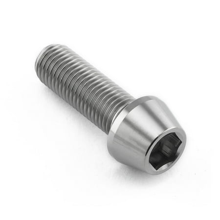 Tapered Allen head titanium bolt in natural finish, measuring M10 x 1.25mm x 30mm, features a smooth, shiny surface and a hexagonal socket for tool insertion.