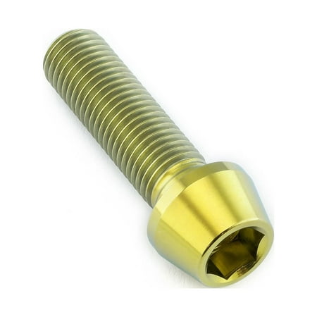 Gold titanium tapered Allen head bolt, measuring M10 x 1.25mm x 35mm, featuring a smooth, shiny finish and distinct threading along the shaft.